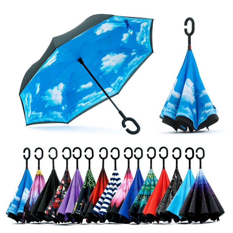 SIEPASA Spar. Saa Double Layer Inverted Umbrella with C-Shaped Handle, Anti-UV Waterproof Windproof Straight Umbrella for Car Rain Outdoor Use - Image 1